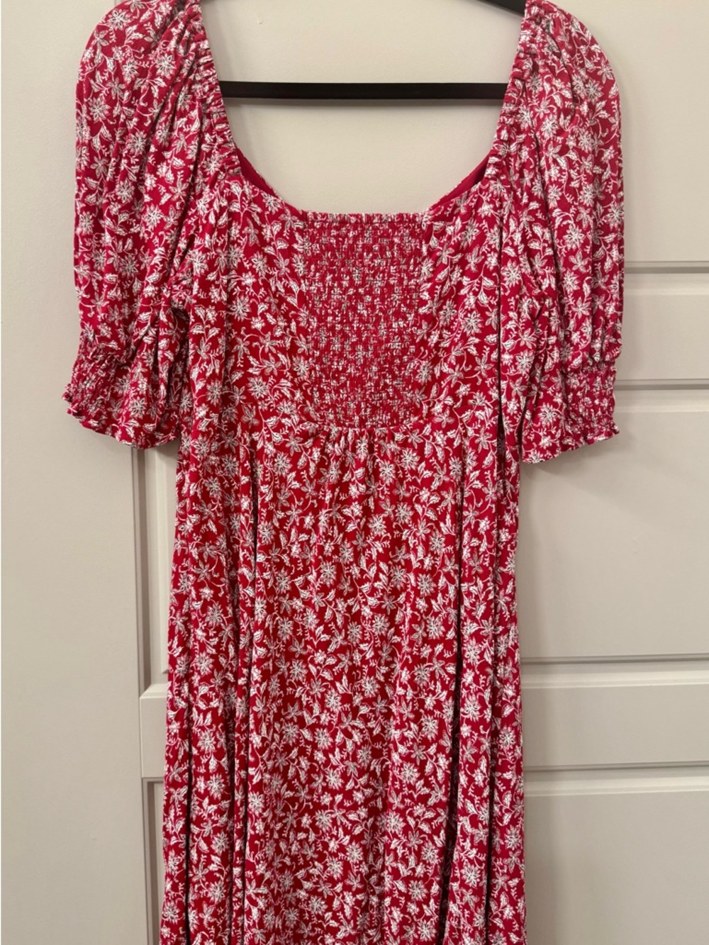Madewell Red Floral Puff-Sleeve V-Neck Mini Dress - Picture 8 of 9